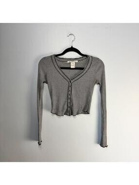 American Rag CIE Gray Black Striped Cropped Cardigan Long Sleeve Size S Y2K